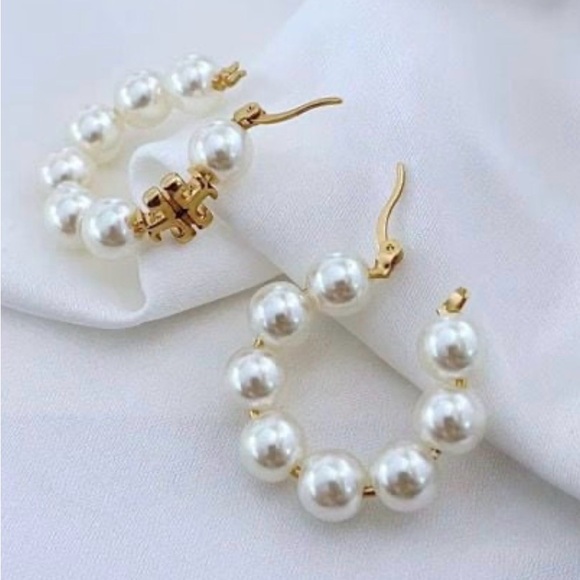 Tory Burch Gold and Pearl Hoop Earrings - Picture 6 of 7
